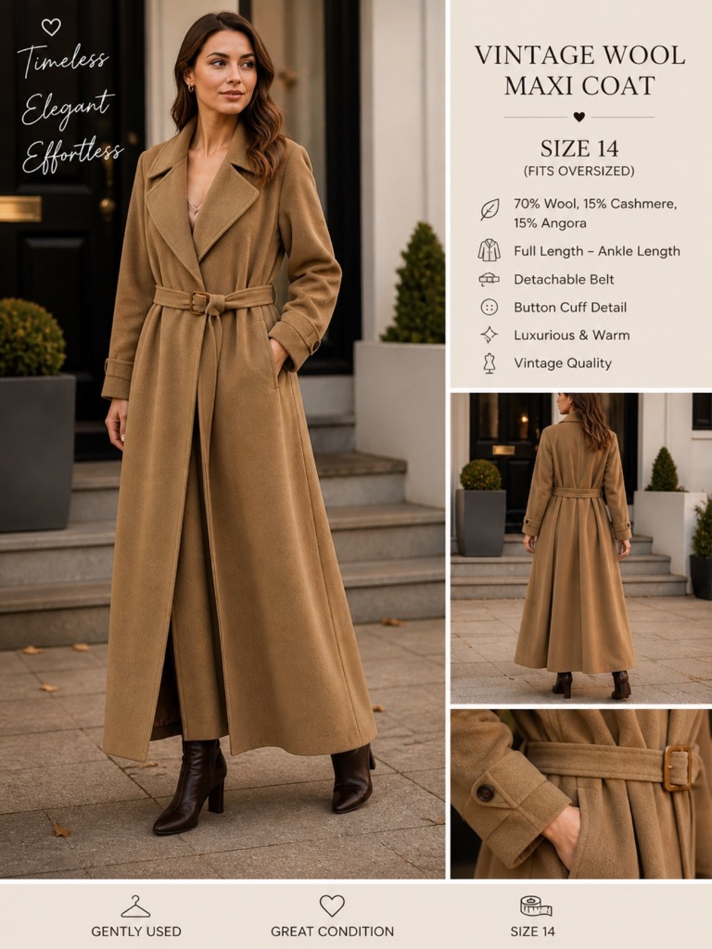 Vintage Wool cashmere angora Maxi Coat in Camel